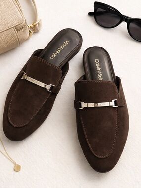 Calvin Klein Brown Mule Flats Size 8 Logo Loafers Hardware Slip On